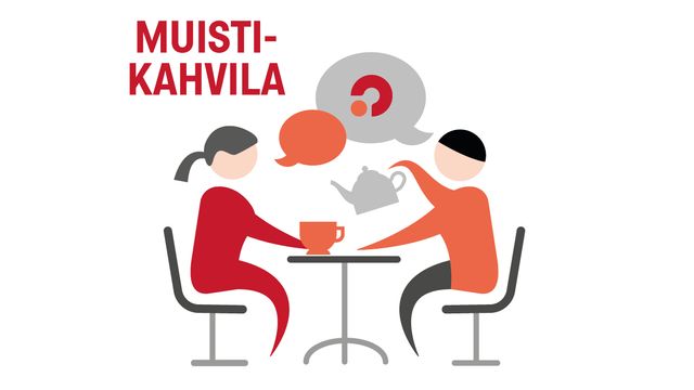 Piirroskuva, jossa kaksi henkilöhahmoa istuu pöydän ääressä. Toisella edessä kahvikuppi ja toisella kädessään kahvipannu. Kuvassa puhekupla, jossa muistiliiton logo. Kuvassa teksti muistikahvila.