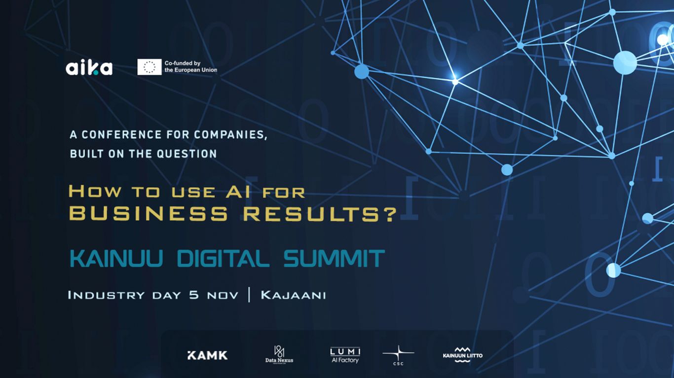 Sinisiä viivoja mustalla pohjalla yhdistävät pisteet. Teksti: Kainuu Digital Summit. Logo: AIKA, EU-lippu ja teksti co-funded by the European Union, Data Nexus Solutions Lab, CSC, Kainuun liitto.