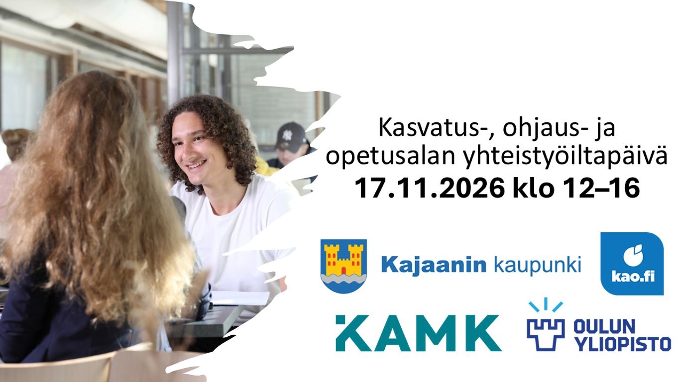 Kaksi henkilöä istuu kahvipöydän ääressä. Toinen, valkopaitainen on kasvot kameraan päin ja hymyilee. Tekstit: Kasvatus-, ohjaus- ja opetusalan yhteistyöiltapäivä 17.11.2026 klo 12-16.