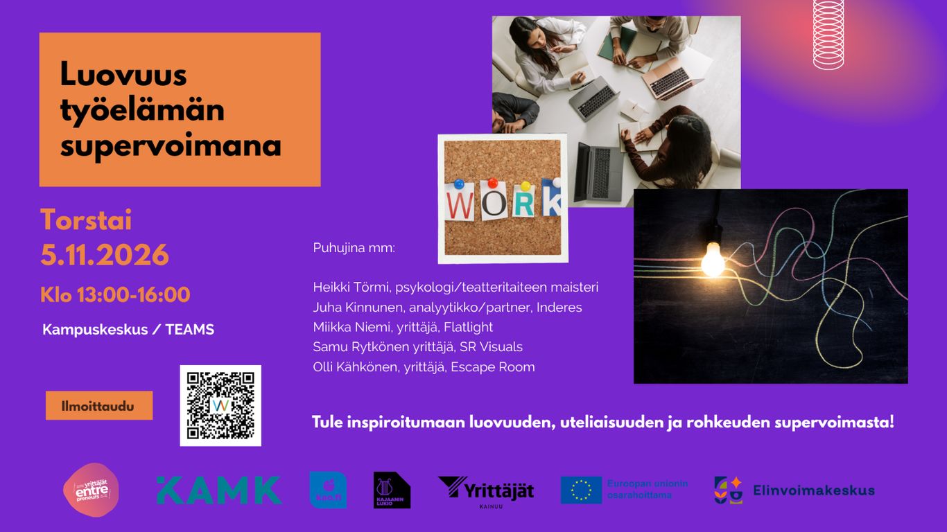 Luovuus työelämän supervoimana -tapahtuman mainoskuva, jossa violetilla pohjalla tapahtuman tiedot.